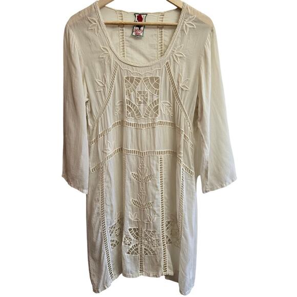 Johnny Was Women Ivory Sheer Floral Embroidered Dress S Boho Silky Peasant Fairy - Picture 3 of 12